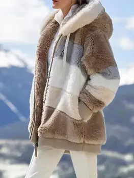 2020 Zimní dámský Kabát Módní Ležérní Kostkované Šití dámských Šatů s Kapucí na Zip Dámy Kabát Jehněčí Vlasy ženy bunda