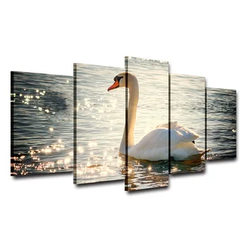 Moderní Plátno Obrázky HD Tištěné Umění Zdi Nezarámované 5 Ks Zvířat Labuť Plavání Povrchu Slunce Obývací Pokoj Domácí Výzdoba, Barvy