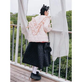 Imakokoni růžové kolem krku rovný bavlněná bunda originální design roztomilé solidní barevné tlusté teplé bavlněné dámské sako/w