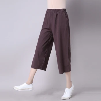 Příležitostné letní Kalhoty, ženy Bavlněné Povlečení Širokou nohu Kalhoty Solid Plus velikosti Lýtkové Kalhoty Dámské Volné Elastické Kalhoty YL255