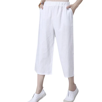 Příležitostné letní Kalhoty, ženy Bavlněné Povlečení Širokou nohu Kalhoty Solid Plus velikosti Lýtkové Kalhoty Dámské Volné Elastické Kalhoty YL255