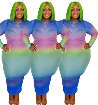 Ženy Plus Velikosti Kotník-Délka Grenadina Šaty S Přechodem Barev Tištěné 2020 Podzim Lady O-Krk Plný Rukáv Bodycon Šaty