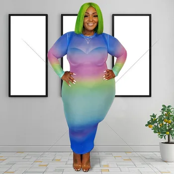 Ženy Plus Velikosti Kotník-Délka Grenadina Šaty S Přechodem Barev Tištěné 2020 Podzim Lady O-Krk Plný Rukáv Bodycon Šaty
