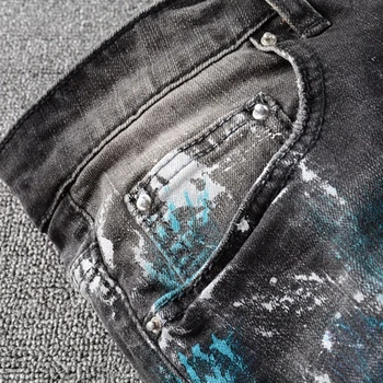 Pánské malované zalezlý roztrhl černé strečové džíny Módní streetwear skinny slim denim kalhoty