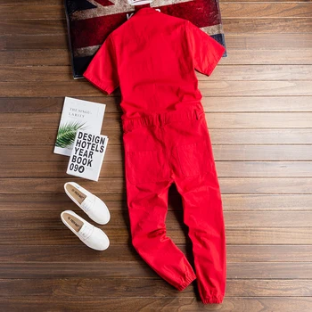 ZYYong Dopis vytisknout pánská krátký rukáv Kombinéza Multi Pocket Hip Hop pracovní oděv jogging kalhoty Pánské Žlutá Červená Volné Kombinézy