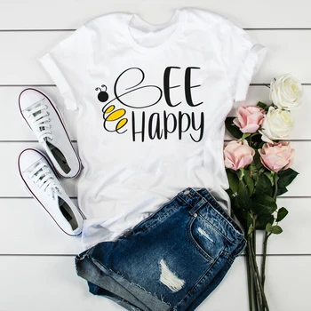 Ženy Bee Happy Dopis Kreslený Módní Tisk Šaty Dámy Dámské Topy Ženské Oblečení Tumblr Tričko Grafické T Tričko T-košile