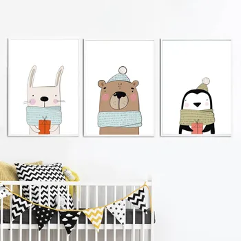 Králík, Medvěd, Tučňák Wall Art Malířské Plátno Zvířata Nordic Plakáty A Tisky Roztomilé Nástěnné Obrázky Pro Dětský Pokoj Dětský Pokoj Dekor