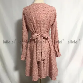 Výstřih Lemovaný Šaty Mini A-Line Dlouhý Rukáv Růžové Vestido De Mujer Večer Ženy, Strana, Vintage Jižní Korea Roztomilé 2021 Jaro Léto