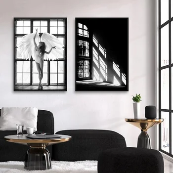 Wall Art Malířské Plátno Fotografie Modelu Baletka Angel Plakát v Černé, Bílé Otisky Dívka v Okně Skandinávské Boho Výzdoba