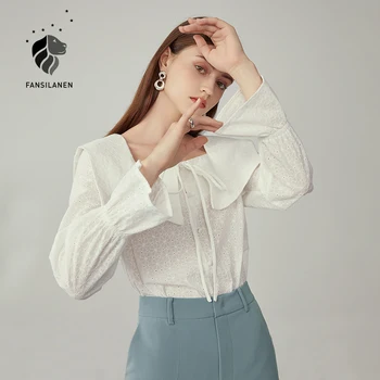 FANSILANEN Erupce rukáv květinové výšivky bílá halenka tričko Ženy obvaz elegantní bavlněné tričko top Ženy office lady halenka