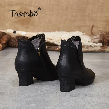 Tastabo Pravé Kůže, vysoký podpatek ženy boty Černá hnědá S5170-2 Boční zip Pohodlí Ženy boty Retro divoké dojíždějící boty