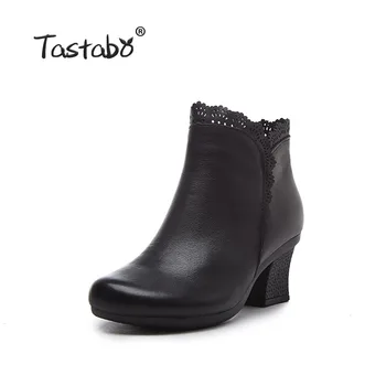Tastabo Pravé Kůže, vysoký podpatek ženy boty Černá hnědá S5170-2 Boční zip Pohodlí Ženy boty Retro divoké dojíždějící boty