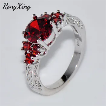 RongXing Klasické Kulaté Červené Crystal Zirkon Zásnubní Prsteny pro Ženy, Stříbrná Barva Narození Kámen Prsten Ženské Svatební Šperky