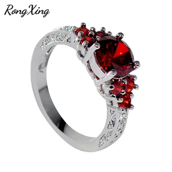 RongXing Klasické Kulaté Červené Crystal Zirkon Zásnubní Prsteny pro Ženy, Stříbrná Barva Narození Kámen Prsten Ženské Svatební Šperky