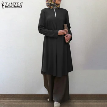 Kaftan Tlačítko Marocain turecké Blusas Ženy Asymetrické Halenka 2021 ZANZEA Ležérní Dlouhý Rukáv Blůzy Ženských Muslimských Košile 5XL