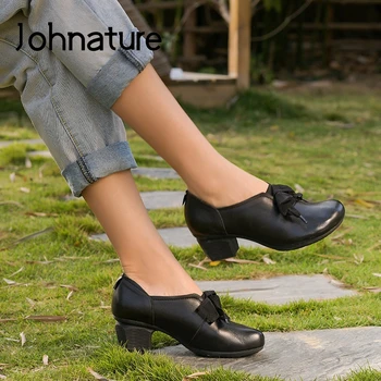 Johnature Platforma Podpatky Čerpadla Ženy Boty Retro Krajky-up 2020 Nové Jarní Pravé Kůže Kolo Toe Ležérní Dámské Boty Mělké