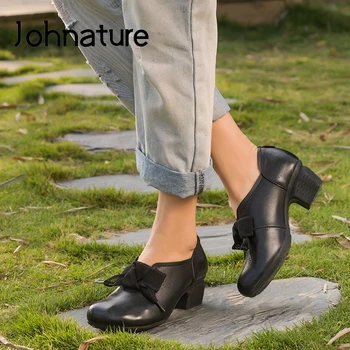 Johnature Platforma Podpatky Čerpadla Ženy Boty Retro Krajky-up 2020 Nové Jarní Pravé Kůže Kolo Toe Ležérní Dámské Boty Mělké