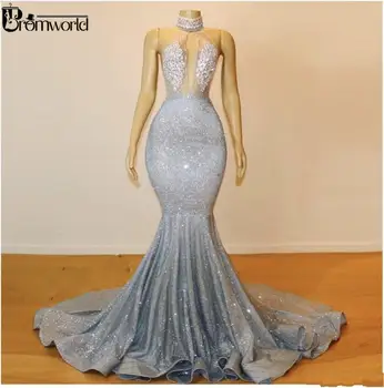 Bling Silver Mermaid Ples Šaty Dlouho 2020 Šperk Na Krku Korálky Krystaly Sexy S Hlubokým Výstřihem Vidět Přes Večerní Šaty Party Oblečení