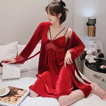 Sexy Ženy Gold Velvet Kimono Župan Nevěsta Družička Svatební Šaty Sada Velur Krajka Oblečení Na Spaní Ležérní Domácí Oblečení, Noční Prádlo