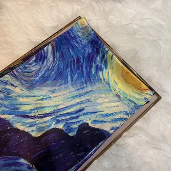 [BYSIFA] Modrá Hedvábí šátek Šátek Módní Luxusní Ženy Dlouhé Šály Van Gogh Měsíc, Hvězda, Olej, Plátno, Šátky Podzim Zimní Šátek