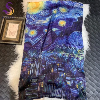 [BYSIFA] Modrá Hedvábí šátek Šátek Módní Luxusní Ženy Dlouhé Šály Van Gogh Měsíc, Hvězda, Olej, Plátno, Šátky Podzim Zimní Šátek