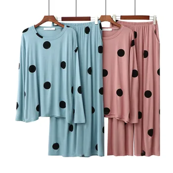 Kawaii Pyžama 2020 puntíkované Pyžamo, Ženy, Modální Tenký s Dlouhým rukávem Kalhoty Oblek Stretch Domácí Oblek Polka Dot Tisk Pyžama soubor