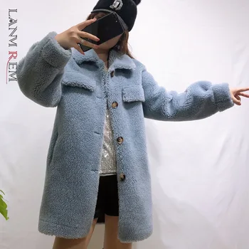 LANMREM 2021 podzimní a zimní Dámské fleece-cut kabát korejský styl pevné umělé kožešiny single-breasted mid-length kožich 2A449