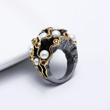 Nová křivka design kroužky módní šperky rychlé dodávky, velké zásoby módní černé zlato deska siam crystal white pearl prst prsten