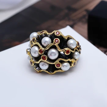 Nová křivka design kroužky módní šperky rychlé dodávky, velké zásoby módní černé zlato deska siam crystal white pearl prst prsten