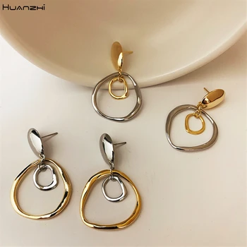 HUANZHI roku 2020, Nový korejský Módní Retro Gold Silver Barevný Kruh Kolo Drop Náušnice pro Ženy, Dívky, Minimalistické Šperky Dárky