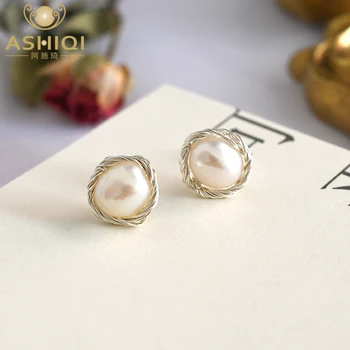 ASHIQI Ručně Real 925 Sterling Silver Stud Neobvyklé Náušnice 2020 Trendy pro Ženy Přírodní Sladkovodní Pearl Šperky Dárek
