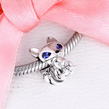 Real 925 Sterling Silver Blue-Eyed Fox Zvířat Přívěsky Fit Originál Pandora Náramek S925 Korálky Stříbrné Šperky