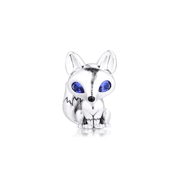 Real 925 Sterling Silver Blue-Eyed Fox Zvířat Přívěsky Fit Originál Pandora Náramek S925 Korálky Stříbrné Šperky