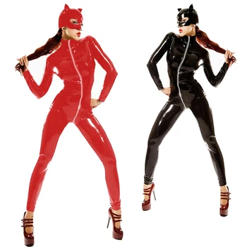 S-2XL Hot Prodej Kočka Žena Copsplay Kostým Černá Červená PVC Kožené Kombinéze Sexy Catwoman Catsuit Halloween Kostým S Maskou