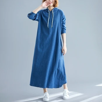 #2464 Jaro Podzim s Kapucí Šaty Ženy Plus Size Volné Dlouhé Vintage Modré Džínové Šaty Dlouhý Rukáv Dámské Šaty Kotník-délka