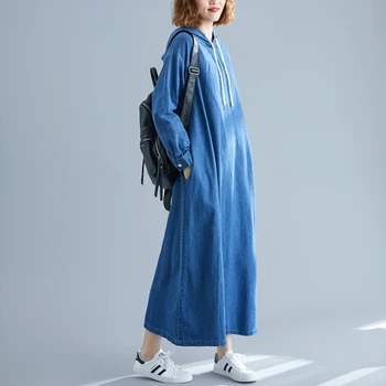 #2464 Jaro Podzim s Kapucí Šaty Ženy Plus Size Volné Dlouhé Vintage Modré Džínové Šaty Dlouhý Rukáv Dámské Šaty Kotník-délka