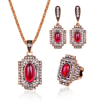 CASHOU35 Red crystal módní šperky set zirkon tři-kus kroužek náhrdelník náhrdelník náušnice šperky set