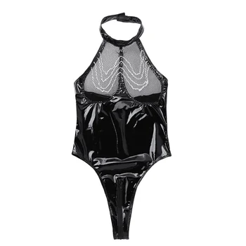 Sexy Kostým pro Dospělé Dámské Erotické Prádlo Kombinézu Kovové Dekorace Latex Catsuit na Zip Otevřený Rozkrok Lady Bodycon Clubwear