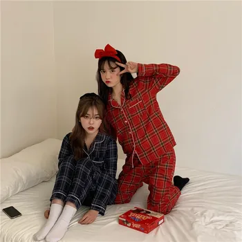 červené/modré/žluté kostkované pyžamo sady pro ženy, s dlouhým rukávem korejské ležérní klopě dva kus set oblečení pro volný čas, domácí služby obleky L021