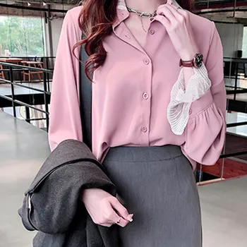2021 Šifon Korean Kancelářské Dámy Elegantní Tričko Ženy Módní Tlačítko Turn-down Límec Košile Vintage Bílé Dlouhý Rukáv Topy