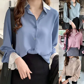 2021 Šifon Korean Kancelářské Dámy Elegantní Tričko Ženy Módní Tlačítko Turn-down Límec Košile Vintage Bílé Dlouhý Rukáv Topy