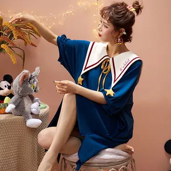 Bavlna noční košile dámská letní Japonském Stylu sladké dítě límec Krátký Rukáv Šaty Pyžamo bavlněné dívčí domácí oblečení