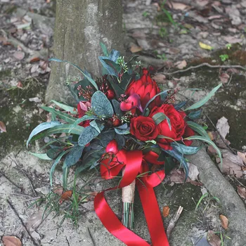 JaneVini Vintage Svatební Kytice Tmavě Červené Svatební Umělé Růže Boho Hedvábí Květina Kytice De Mariage Nevěsta Svatební Doplňky