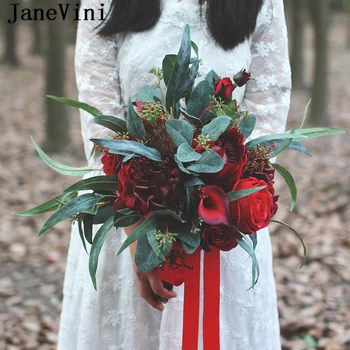 JaneVini Vintage Svatební Kytice Tmavě Červené Svatební Umělé Růže Boho Hedvábí Květina Kytice De Mariage Nevěsta Svatební Doplňky