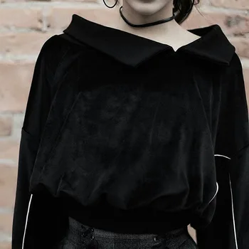 Harajuku Černé VELUROVÉ Mikina Ženy Gothic Nepravidelné Turn-down Límec Pulovry Black Series Lolly Dress Up Kostým