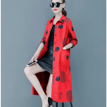 #3597 Tisk Trenčkot Ženy Černá Červená Hnědá Korean Módní Tenký Ležérní Bunda Plus Velikost 4XL Dlouho Duster Kabát Dámské Slim