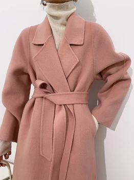 Dámské Módní Korean Elegantní Pevné Dlouhý Vlněný Kabát Kabáty S Pásem Pevné