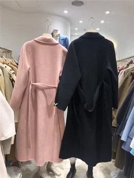 Dámské Módní Korean Elegantní Pevné Dlouhý Vlněný Kabát Kabáty S Pásem Pevné