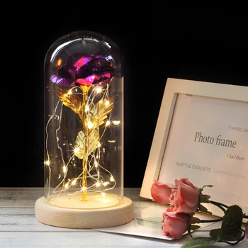 Zbrusu nové krásky a zvířata Zlacené modré růže s LED světly ve skleněné kopule vhodné pro svatební party bohyně vánoční dárky