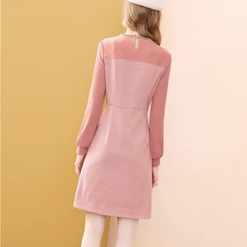 Jediný Plus Módní Růžové Dlouhý Rukáv Šaty, Zimní Vysokým Pasem Tweed Francouzské Ženy Párty-Line Šaty Koleno Délka Dovolené Vestidos